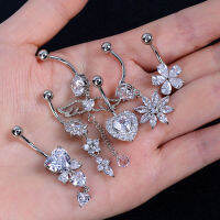 Belly Button Rings Stainless Steel Butterfly Wing Flower Zircon Dangle for Women Belly Navel Rings Body Belly Piercing Jewelry