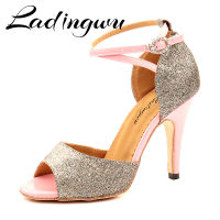 Ladingwu Tango Dance รองเท้า PU สีชมพูและสีเทา Glitter รองเท้าเต้นรำแบบละตินสำหรับผู้หญิง Salsa Dance รองเท้ารองเท้าแตะเต้นรำกลางแจ้ง