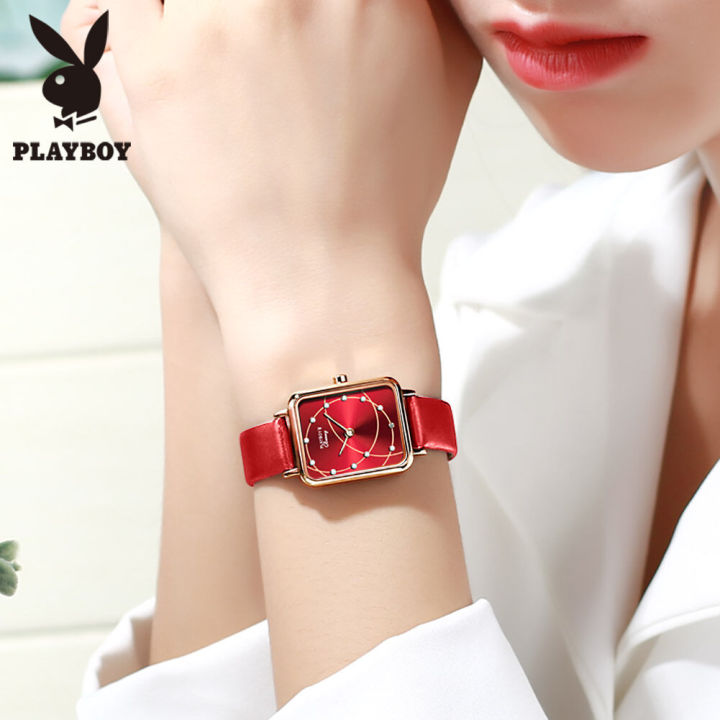 นาฬิกา-playboy-หญิง-กันน้ำ-แบรนแท้ชุดนาฬิกาสี่เหลี่ยมสำหรับ-สายหนังแท้-ของขวัญสำหรับสุภาพสตรี