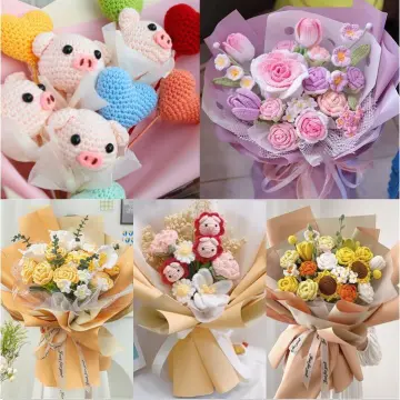 Handmade Knitted Artificial Flowers Finished Sunflower Daisy Rose Tulip  Fake Simulation Flower Bouquet Home Wedding Decoration