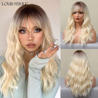 LOUIS FERRE Long Light Blonde Deep Curly Synthetic Wigs with Bangs Cosplay Party Daily Wigs for Women Ombre Heat Resistant Fiber