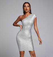 【YF】 High Quality Foil Gold Silver Women One Shoulder Sexy Bodycon Mini Dress Rayon Bandage Fashion Evening Party Outfit Vestido