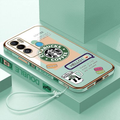 เคสเคสมือถือสำหรับ Tecno Pova Neo ฟรีสายคล้อง + โลโก้ Starbucks แฟชั่นเคสขอบสี่เหลี่ยมชุบฝาหลังนิ่ม