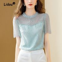 High-end Fashion Lace Hollow Blouse Women New Classic Short Sleeve O-collar Auricular Margin Lady All-match Pullover Shirt