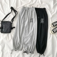 HOUZHOU Harajuku Bear Print Gray Joggers Sports Pants Women Oversize Black Jogging Sweatpants Korean Fashion Wide Leg Trousers