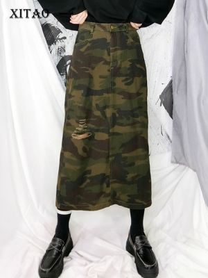 XITAO Skirt Women Cowboy Camouflage Split Skirt