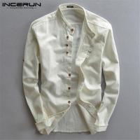 (Leisure style) Incerun ผู้ชายผ้าลินินแขนยาวเสื้อของแข็งสบายๆหลวมพอดีอย่างเป็นทางการชุดเสื้อทีด้านบน