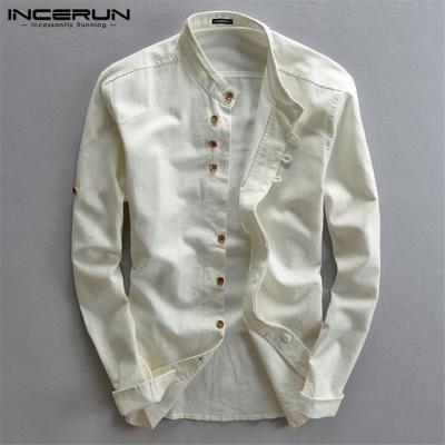 INCERUNเสื้อเชิ้ตแขนยาวผ้าลินินสำหรับผู้ชาย,เสื้อเชิ้ตสีทึบเสื้อทรงหลวมพอดีตัวสำหรับใส่ทำงานเสื้อตัวบน