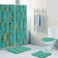 Stylish Turquoise Blue Gold Meander Greek Key Shower Curtain and Bath Rug Set Antique Mandala Abstract Bathroom Mats Home Decor