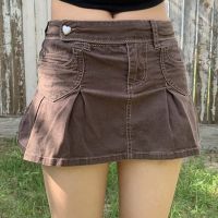 Low Waisted Denim Pleated Skirts Vintage Brown Pockets Mini Skirt Women Kawaii Harajuku Korean Preppy Style Clothesa a154