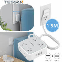 TESSAN 1.5 สายต่อ เมตรพร้อมช่องเสียบ 8 ช่องและพอร์ต USB 3 ช่อง, ซ็อกเก็ตปลั๊กไฟ หัวแบน บางพิเศษ USB Type C ปลอดภัย ทนทาน คุณภาพสูง,