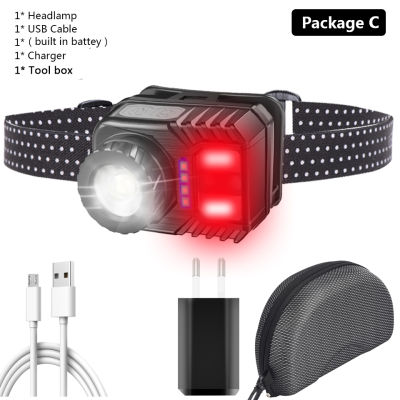 XM-L2 U3 Bead Light Sensor High Quality Zoom LED Headlight Built-in Battery Headlight Red and White Bulb Camping Fishing Light