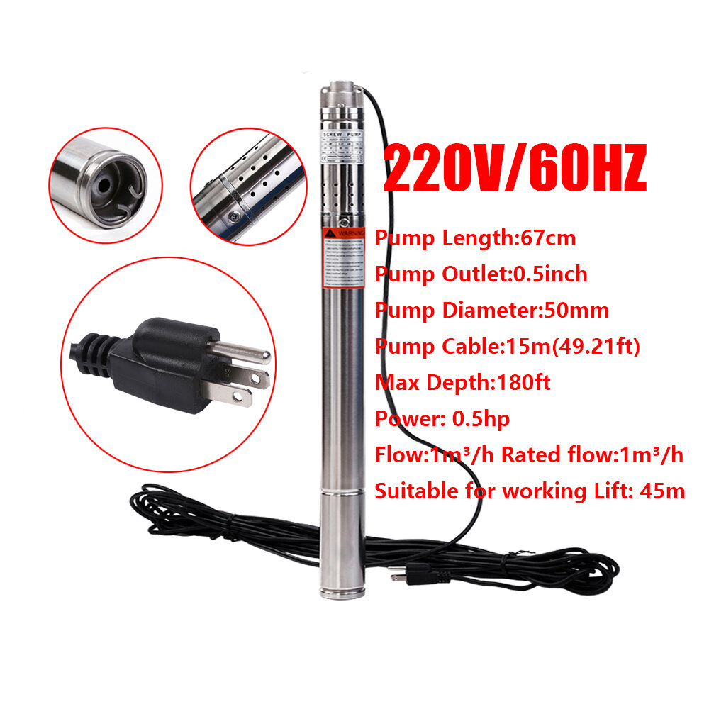 50mm Submersible Bore 0.5 HP Water Farm Garden Deep Well Pump 220V 180ft 
