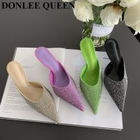 2023 Brand Slippers Fashion Bling Rhinestone Slides High Heels Flip Flops Slip On Mules Crystal Shoes Women Party Wedding Mujer