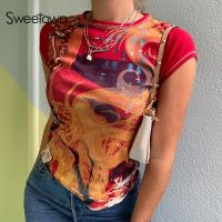 Retro Print Patchwork T-Shirts Vintage Aesthetic Girl Techwear O Neck Short Sleeve Summer Tops Women Basic Tees