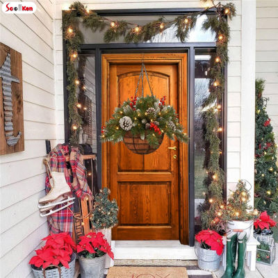 ตะกร้าแขวนต้นคริสต์มาสเทียมตกแต่งแบบผสมและไฟ LED สีขาวสำหรับเป็นของขวัญให้กับเพื่อนบ้านในครอบครัว