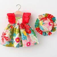 Newborn Baby Girl Dress 2pcs Summer New Full Body Color Big Flower Cotton Dress Girl Fly Sleeve Back Ribbon Dress Send Soft Hat  by Hs2023