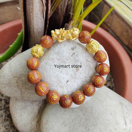 Feng Shui Natural Stone Gold Sandstone Bracelet 18K Gold Filled Piyao