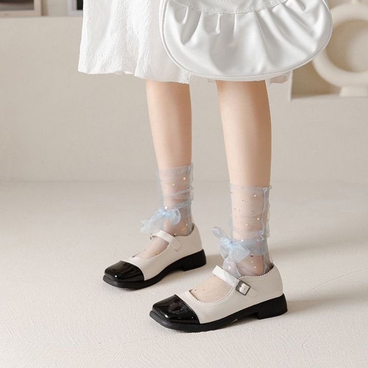 ololdan-ถุงเท้าผ้าไหมสำหรับผู้หญิงถุงเท้าผ้าไหมลายดาวน่ารักถุงเท้าขนาดกลางโบว์หลากสีโลลิต้า