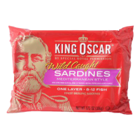 King Oscar Sardines Mediterranean Style คิงออสการ์ เมดิเตอร์เรเนียน ปลาซาร์ดีนในน้ำมันมะกอกผสมมะกอกดำพริกหวานและเครื่องเทศ 106 กรัม