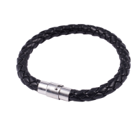 5X Stainless Steel Leather Bracelet, Braided Leather Bracelet, for Men Women, Black - Width 6mm - Length 18cm