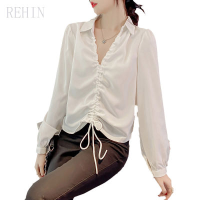 REHIN เสื้อเชิ้ตแขนยาวสำหรับผู้หญิง,เสื้อคอวีผูกโบว์ด้านหลังแบบสั้นใหม่