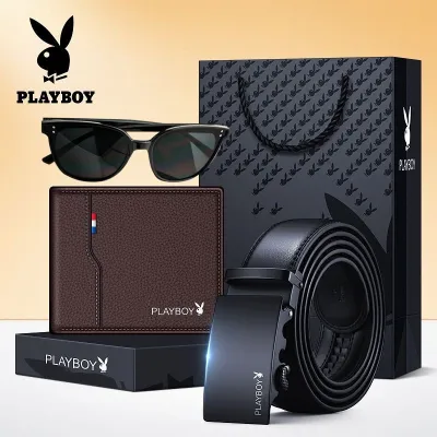 Playboy กระเป๋าสตางค์ผู้ชายชายหนุ่มชุดเข็มขัดหนัง Cowhide เข็มขัดชุดเดรสผู้ชายชุดของขวัญเข็มขัด + กระเป๋าสตางค์ + แว่นตากันแดดหลากหลายรูปแบบเลือก