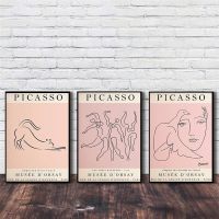 บทคัดย่อ Line Art Picasso Exhibition ภาพวาดผ้าใบ-ใบหน้าสีชมพู,นก,แมว-โปสเตอร์สำหรับตกแต่งห้องนั่งเล่น