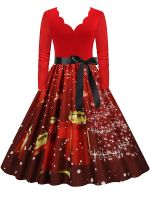 HotWomen Christmas Party Dress Elegant Vinatge แขนยาวฤดูหนาว Sundress V คอใหม่ปีเครื่องแต่งกายเสื้อผ้า S ~ 3XL