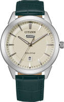 Citizen Mens Corso Stainless Steel Eco-Drive Watch with Leather Strap Green Strap/ Ivory Dial