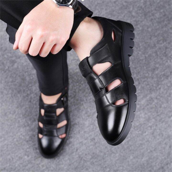 ขายดีที่สุด-ioztt2023-lin-fashion-leather-hollow-out-men-sandals-shoes-breathable-outdoor-man-beach