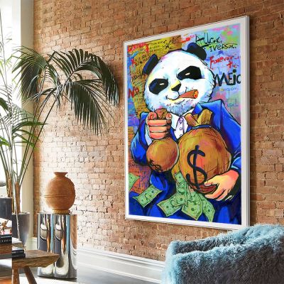 Hijau ungu Panda lucu wajah merokok gambar tas uang kanvas lukisan motivasi jalan seni dinding Poster dekorasi rumah ruang