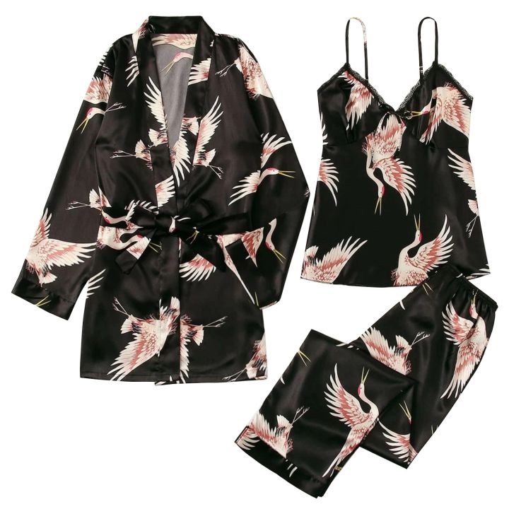 cos-imitation-ชุดนอนผ้าไหมซาตินผู้หญิง-flamingo-พิมพ์-nightdress-v-คอเซ็กซี่ชุดชั้นใน-robes-loungewear-ชุดนอนภายใต้สวม3ชิ้น-sale