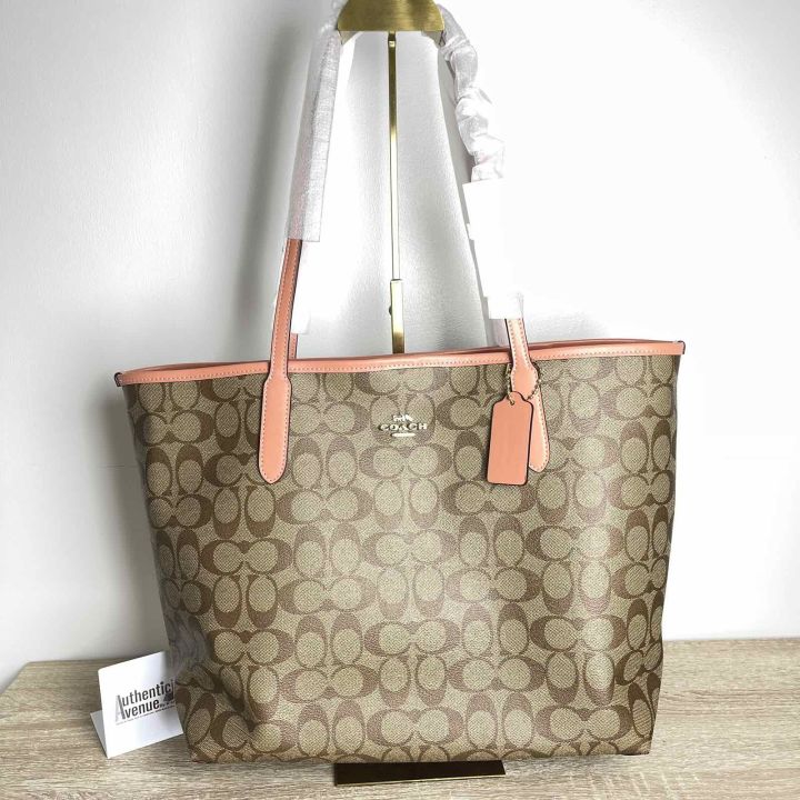 Coach CITY TOTE IN SIGNATURE CANVAS (COACH 5696) IM/KHAKI/LIGHT CORAL ...