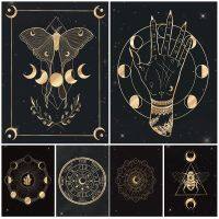 Gold Witchy Art โปสเตอร์,Gothic Home Decor แม่มดโหราศาสตร์ Constellations Wall Art,แม่มดปฏิทินภาพวาดผ้าใบ