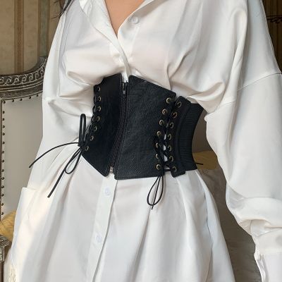 【CC】 Espartilho largo de couro feminino cintura corporal emagrecedora cinto elástico feminino na alta vestido gótico moda
