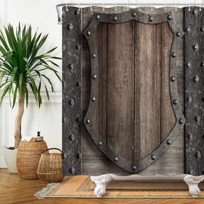 Retro Style Black Iron Wood Shield Shower Curtain Home Decor Waterproof Fabric Bathtub Curtain Free Custom Size Picture 12 Hooks