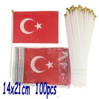 ZXZ 100pcs Turkey hand Flag 14*21cm Polyester Double Side Printing TUR Turkey Hand Flag with plastic flagpole