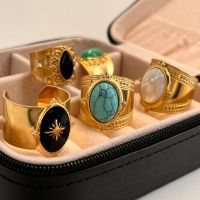 Bohemia Turquoise Natural Stone Wide Open Rings for Women 14K Gold Plated Stainless Steel Ring Finger Rings Women Jewelry Gifts