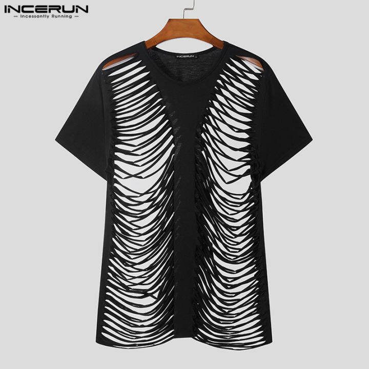 incerun-ผู้ชายแขนสั้น-streetwear-เสื้อธรรมดาบุคลิกภาพเสื้อยืดคอกลวงออกลูกเรือ-สไตล์ตะวันตก