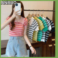 ANRUO ผู้หญิงลายเสื้อถักลำลองชนสีเก๋ไก๋ปกเรียบง่ายร้อยสั้นด้านบนสำหรับฤดูร้อน เสื้อกันหนาวและเสื้อคาร์ดิแกน