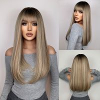 EASIHAIR Long Straight Synthetic Wigs with Bangs Brown to Blonde Ombre Natural Hair Wig for Women Cosplay Wig Heat Resistant Wig  Hair Extensions Pads