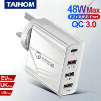 【4】48W Quick Charge QC3.0 USB เครื่องชาร์จติดผนังอะแดปเตอร์ USB-C Power Adapter UK ปลั๊กสำหรับ iPhone โทรศัพท์ iPad Mini ชาร์จ Huawei Xiaomi Vivo Samsung ปลั๊กสากล