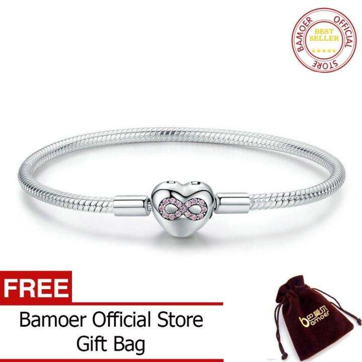 BAMOER Infinity Heart Bracelet Sterling Silver 925 Heart-shape Love Snake Bangle  Bracelets 3mm for DIY Fine Jewelry SCB142