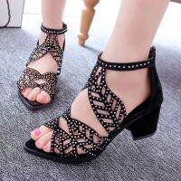 New Style Women Summer Rhinestone Hollow Out Faux Leather Thick Heel Zipper Sandals Shoes 2023 Sexy Plus Size Ladies Sandals