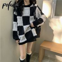 ▧ Checkerboard Sweater Loose Thickened Pullover Design Sleeved Lazy Knitwear and