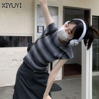 XIYUYI เสื้อยืดผู้หญิงลายทางเสื้อยืดคอกลมเด็กหญิงเครื่องเทศเสื้อสลิมสีตัดกันขนาดพลัสไซส์เสื้อยาวปิดถึงก้นผู้หญิง