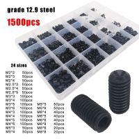 500/1500pcs M2-M8 DIN916 Black Steel 304 Stainless Steel Hex Hexagon Socket Allen Cup Point Set Screw Grub Bolt Assortment Kit Nails Screws Fasteners