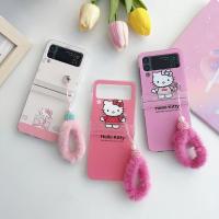 โบว์ Sanrio Hello Kitty พร้อมเคสสร้อยข้อมือพลัชสำหรับ Samsung Galaxy Z Flip 3ด้านหลังพีซีชนิดแข็งสำหรับ Z Flip 4ฝาครอบเคสกันกระแทก