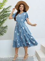 A-Line Plus ขนาด Pullover Elegant Blue ฤดูร้อน V คอสายรัดเอว Slimming Dress ผู้หญิง Silky Polka Dot พิมพ์ Midi Dresses